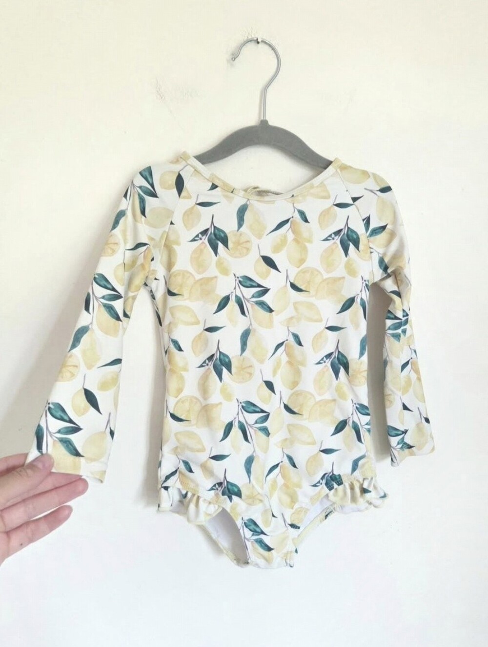 Kids Long-Sleeve One-Piece Swimwear in Lemon Print - White/Yellow